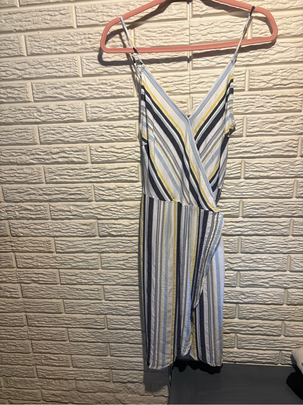 Striped Wrap-Front Spaghetti Strap Wrap Dress in Blue, Yellow & White